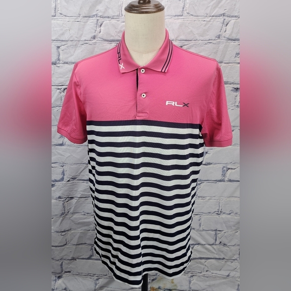 RLX Ralph Lauren Men's Golf Polo Shirt Logo Pink Navy Striped Large - Picture 2 of 14